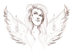 Angela Carter, romancière et journaliste anglaise; caricaturée avec des ailes en référence à son roman Les Nuits au cirque (1984)